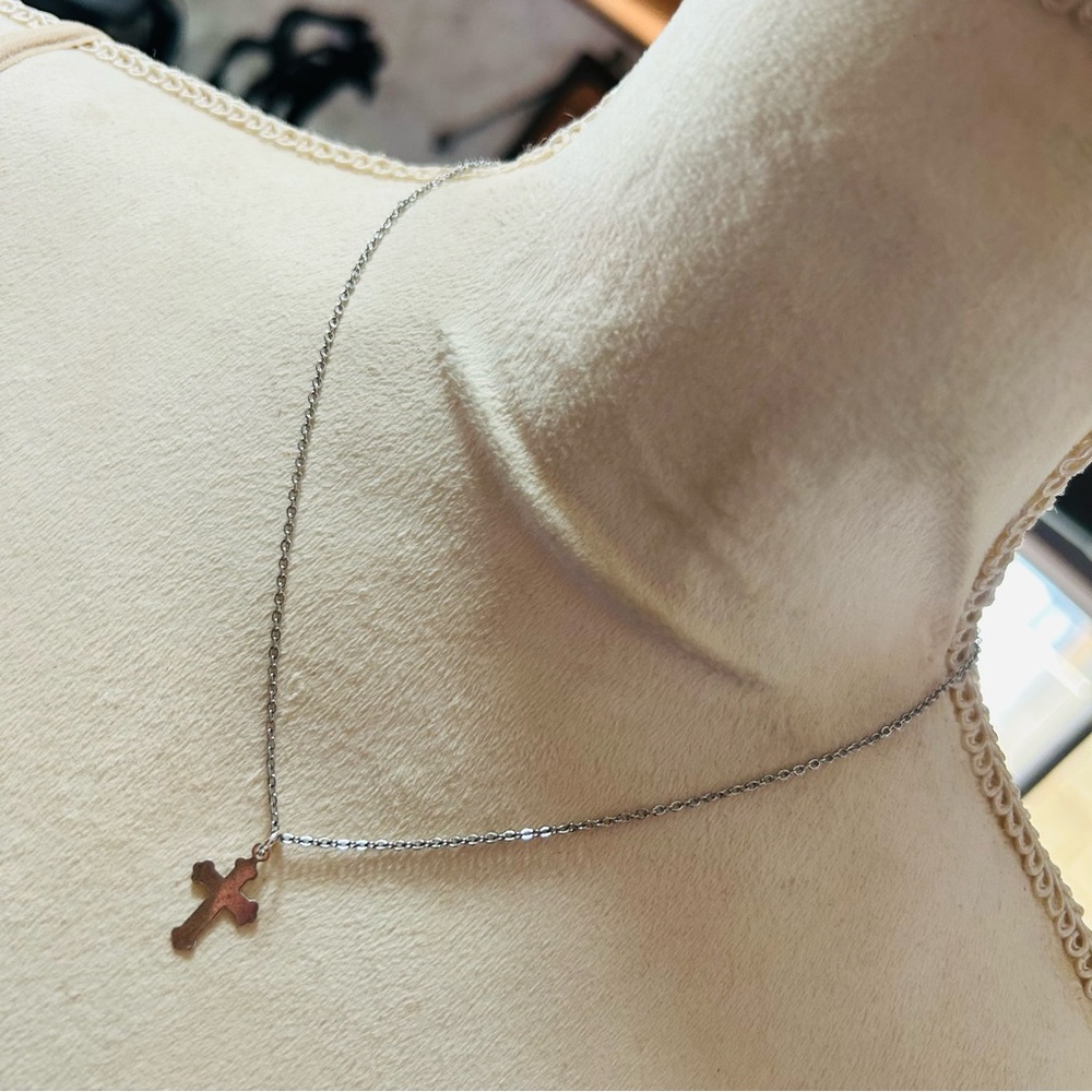 Handcrafted vintage delicate silver cross pendant on chain necklace